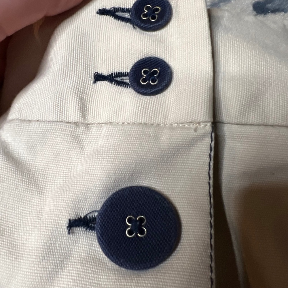 LL Bean Khaki Tan Canvas Button Front Mini Skirt Navy Contrast Stitching 16 Reg - Picture 3 of 6